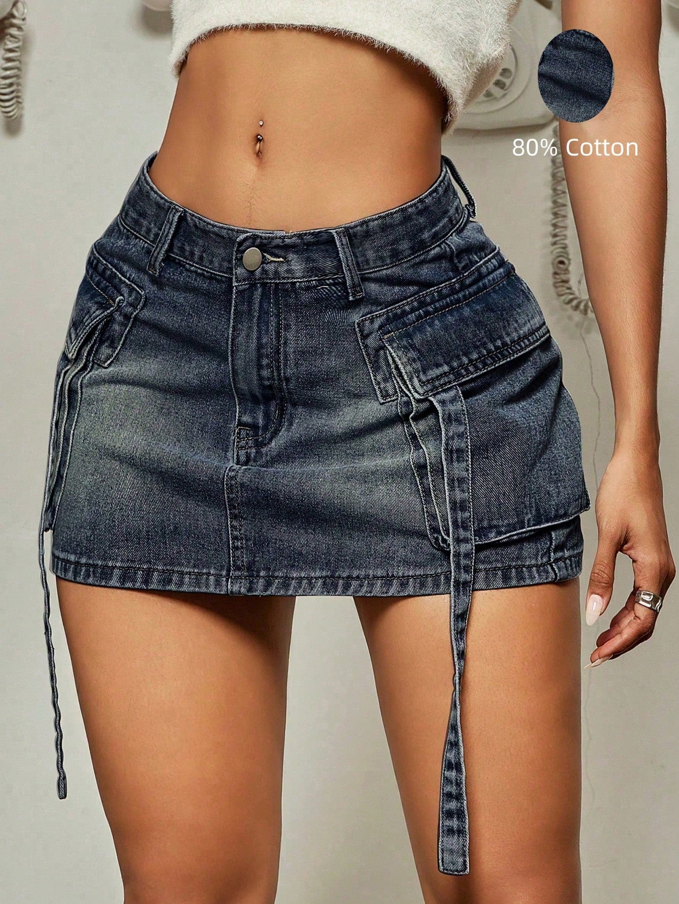 Women's Dark Wash Denim Mini Skirt with Cargo Pockets and Belt Detail Y2K Style