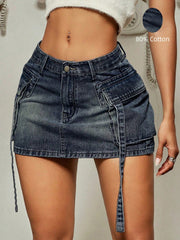 Women's Dark Wash Denim Mini Skirt with Cargo Pockets and Belt Detail Y2K Style
