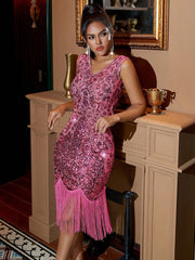Women's Pink Sequin Fringe Midi Dress, Sleeveless Bodycon Party Dress for Evening Celebrations