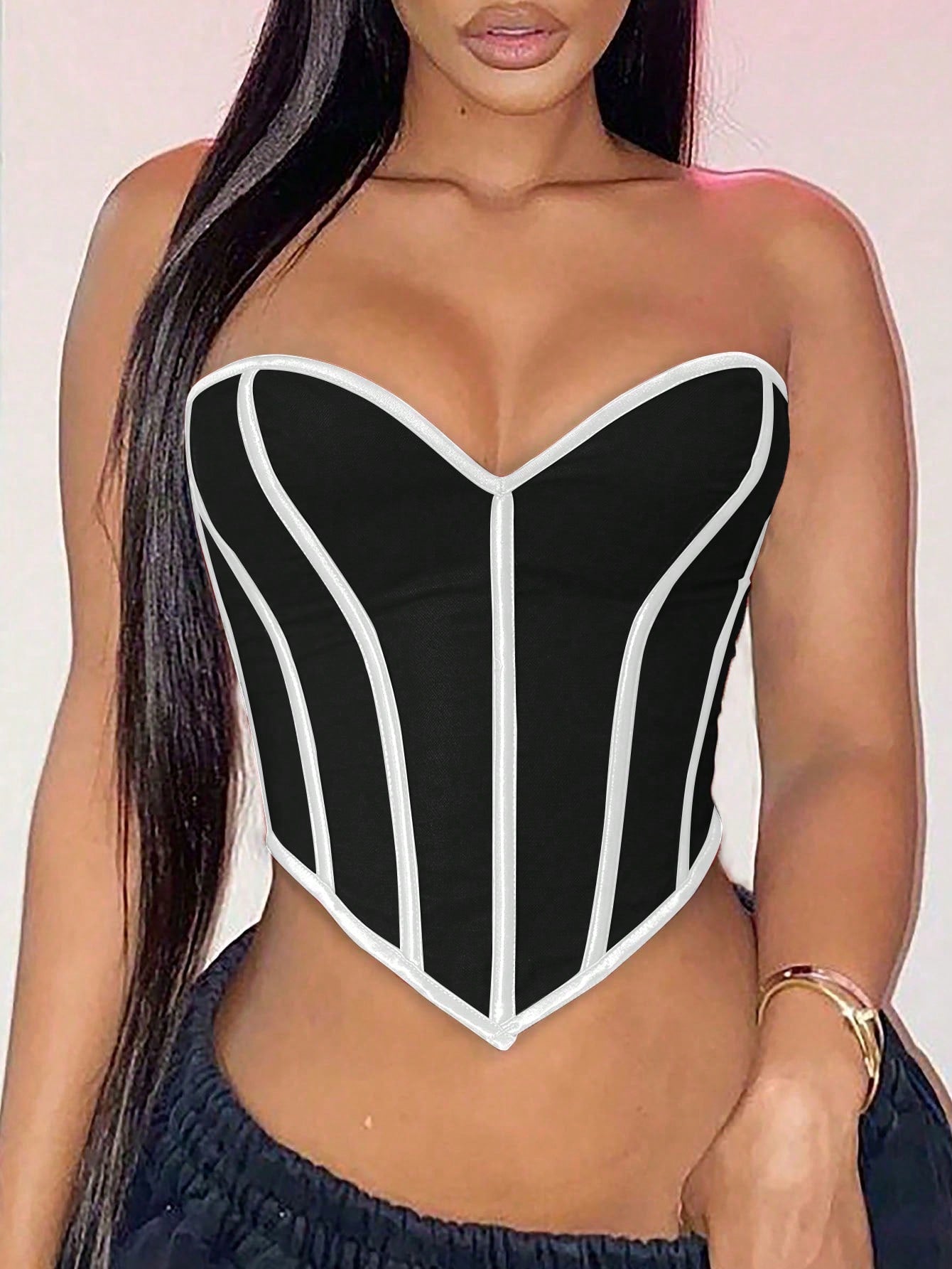 Women's Women Sexy Black and White Satin Corset Top Heart Neck Boned