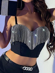 Women's Black Rhinestone Fringe Bustier Corset Top