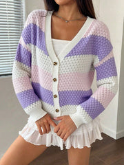 Women's Sweet Pink and Purple Striped Bubble Knit Cardigan Sweater