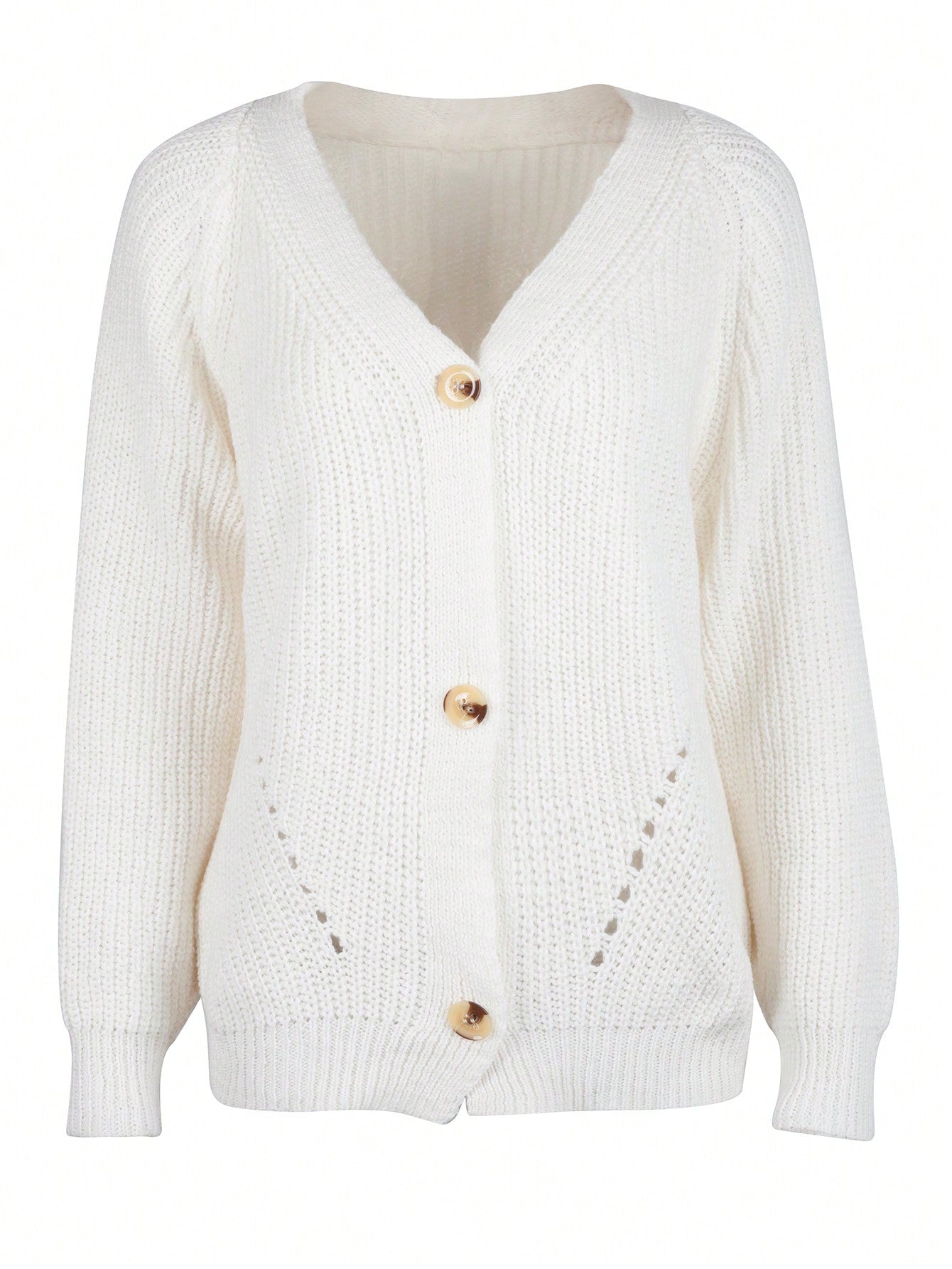 Women's Classic White V-Neck Ribbed Knit Cardigan Sweater