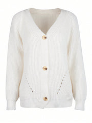 Women's Classic White V-Neck Ribbed Knit Cardigan Sweater