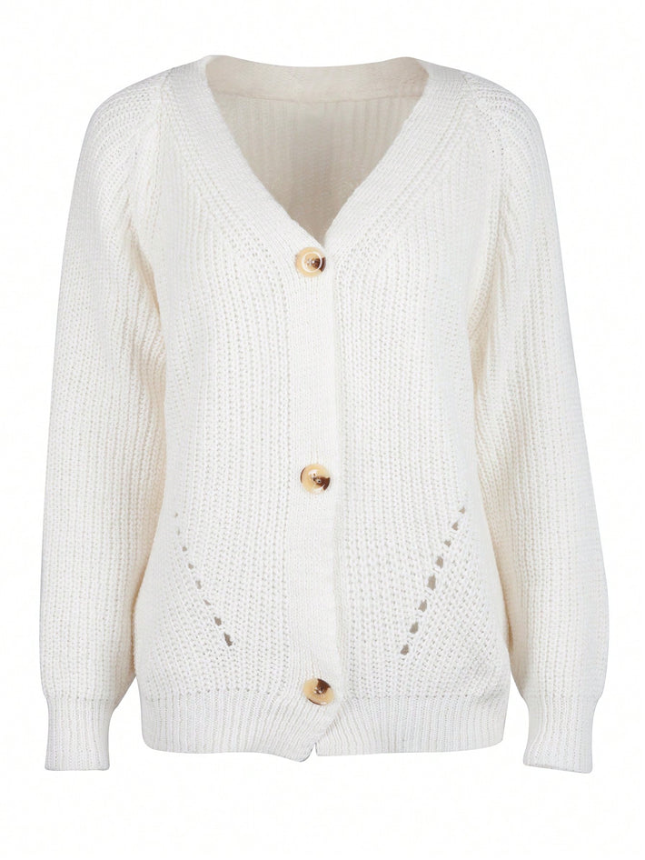 Women's Classic White V-Neck Ribbed Knit Cardigan Sweater
