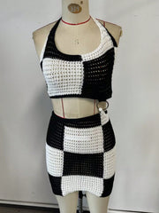 Women's Black White Knit Two-Piece Set with Crop Top and Mini Skirt