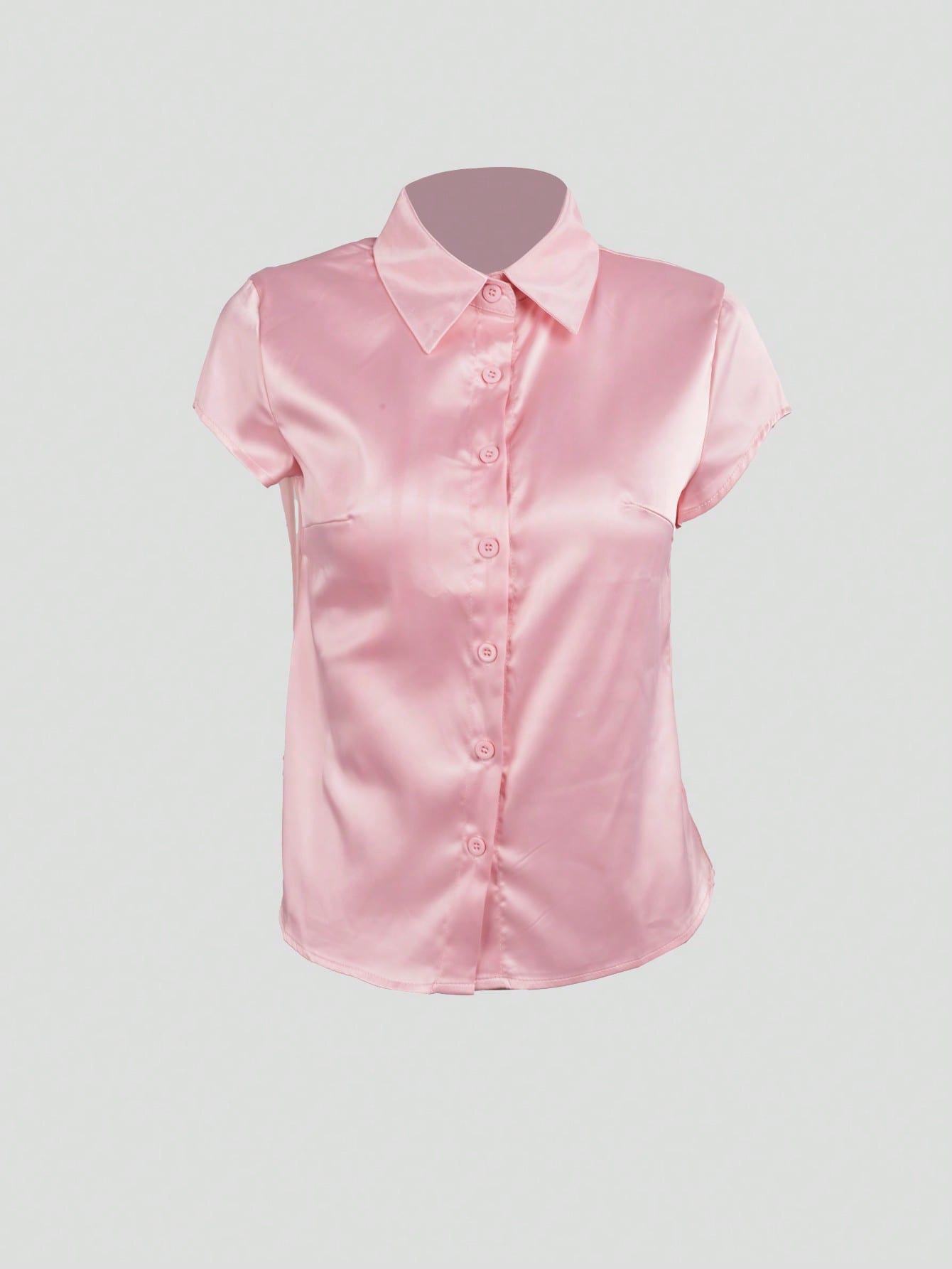 Women's Women Pink Satin Short Sleeve Button Up Shirt Elegant Office Blouse