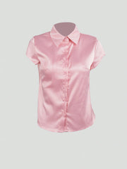 Women's Women Pink Satin Short Sleeve Button Up Shirt Elegant Office Blouse