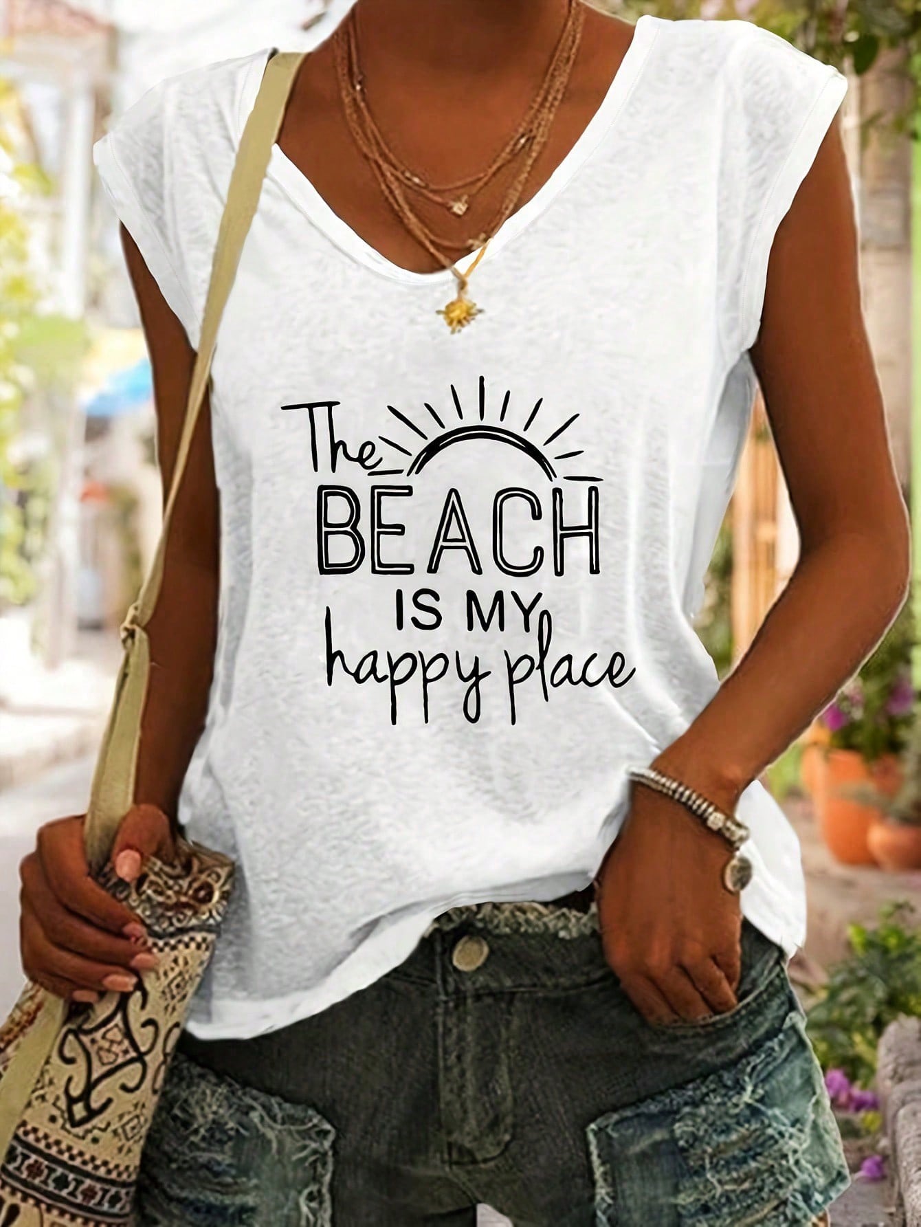 Women's "The Beach is My Happy Place" Graphic V-Neck T-Shirt/Vest - Casual Summer & Vacation Tee
