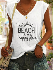 Women's "The Beach is My Happy Place" Graphic V-Neck T-Shirt/Vest - Casual Summer & Vacation Tee