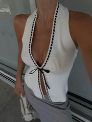 Women's White Viscose Deep V-Neck Ribbed Knit Vest with Contrast Trim and Bow