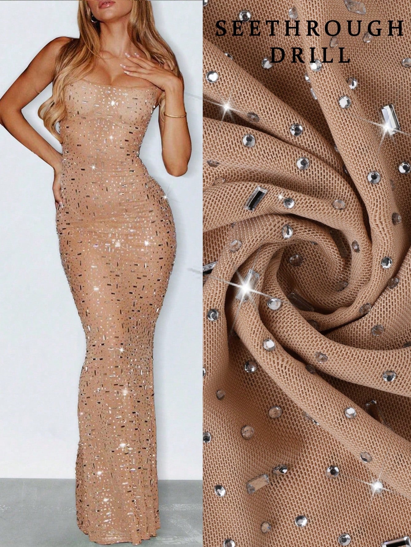 Women's Nude Rhinestone Embellished Mermaid Evening Dress - Strapless Bodycon Formal Gown