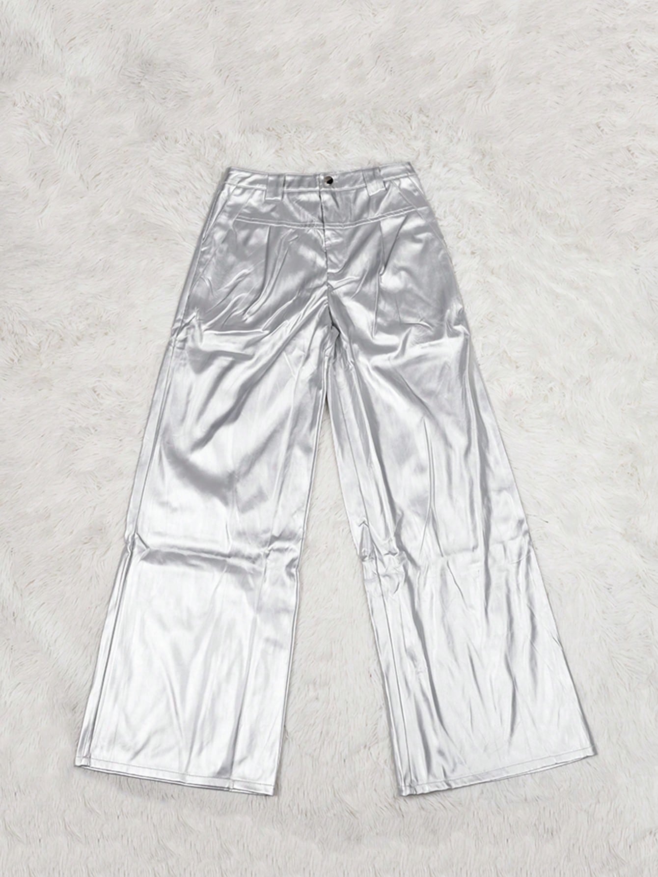 Women's Silver Metallic PU Leather High Waisted Wide Leg Pants