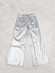 Women's Silver Metallic PU Leather High Waisted Wide Leg Pants