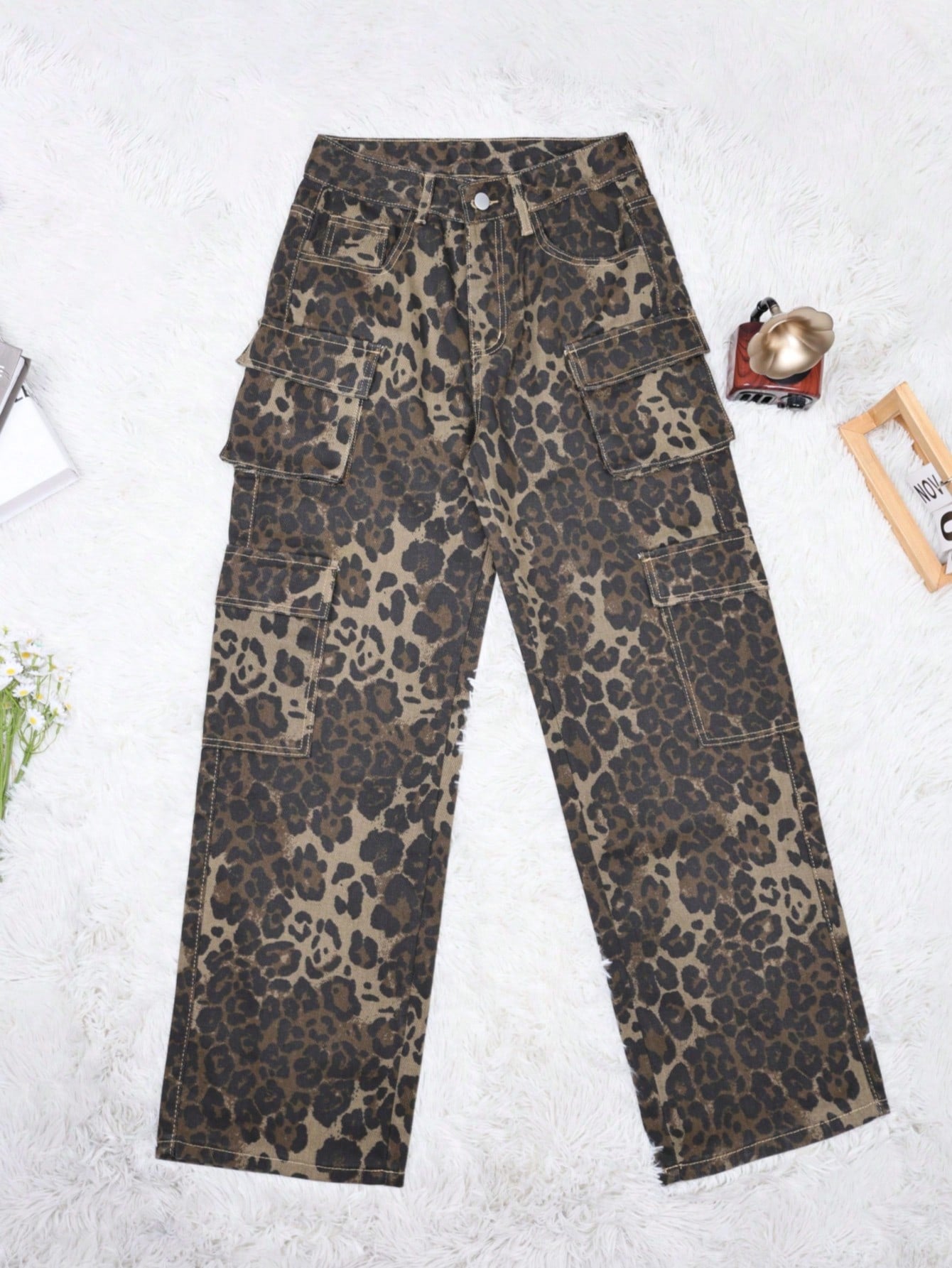 Women's Leopard Print High-Waist Side-Slit Denim Maxi Skirt