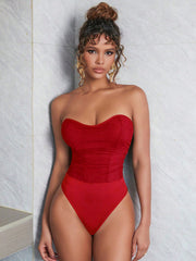 Women's Red Strapless Ruched Bodysuit Sweetheart Neckline