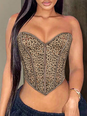 Women's Sexy Sweetheart Neckline Leopard Print Corset Top Slim Fit Sleeveless Party