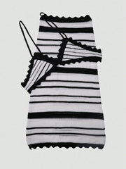 Women's Black and White Striped Polyester Knit Camisole Vest and Mini Skirt Set
