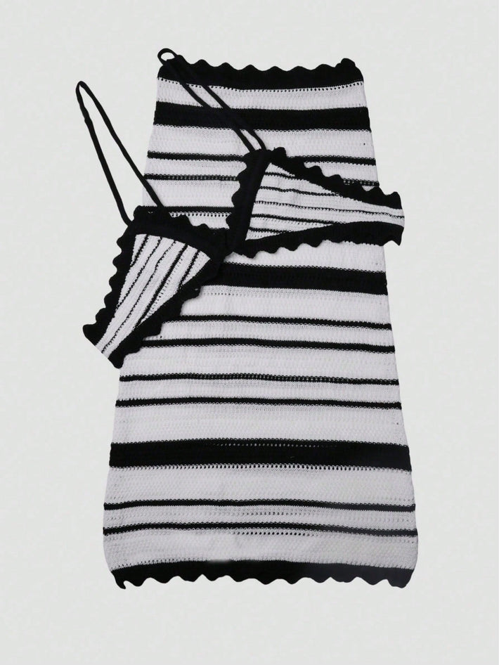 Women's Black and White Striped Polyester Knit Camisole Vest and Mini Skirt Set