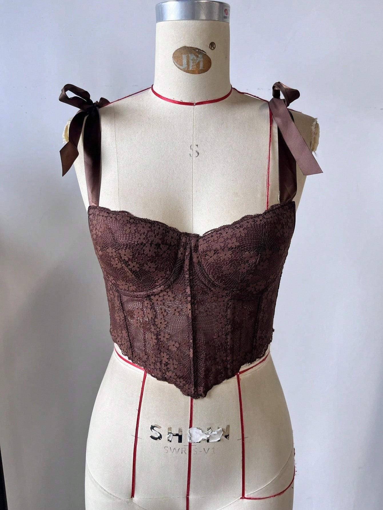 Women's Brown Sheer Floral Lace Ribbon Strap Bustier Top