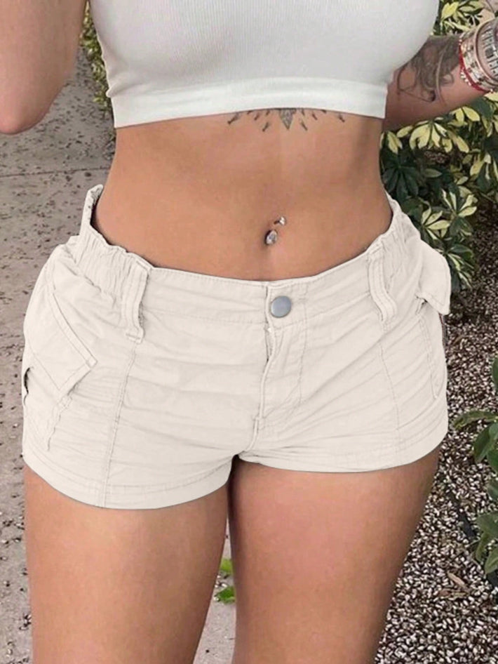 Women's Beige Low Rise Ruched Cargo Micro Shorts