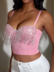 Women's Light Pink Rhinestone Fringe Bustier Corset Top