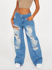 Women's Light Blue Cotton Blend Straight Leg Denim Style Cargo Pants