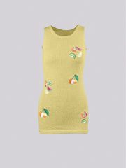 Women's Yellow Fruit Print Embroidered Sleeveless Knit Dress