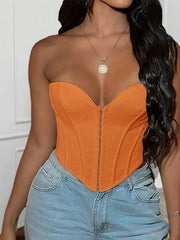 Women's Bright Orange Boned Corset Top with Hook and Eye Closure