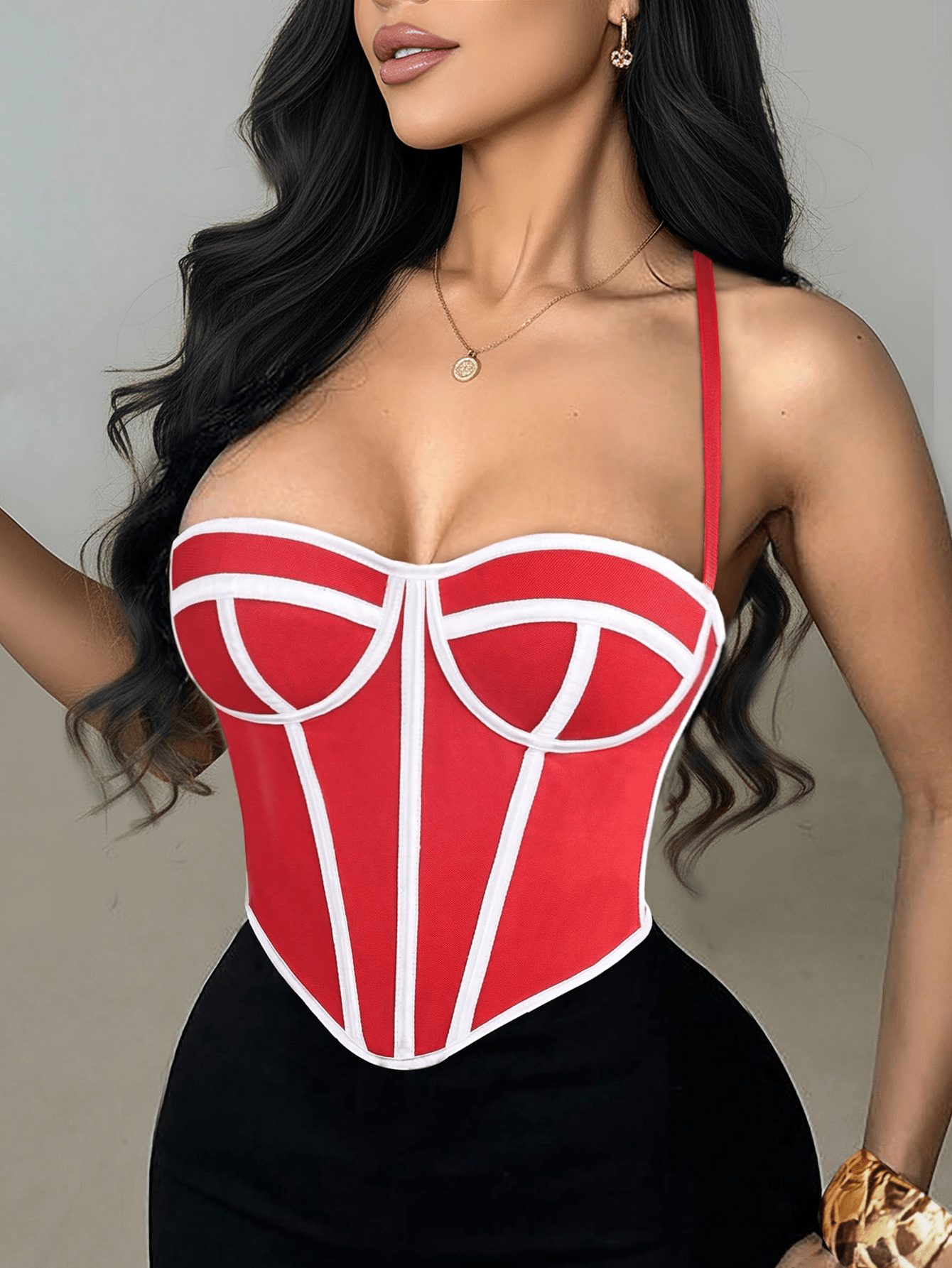 Women's Vibrant Red Bustier Corset Top with White Contrast Piping