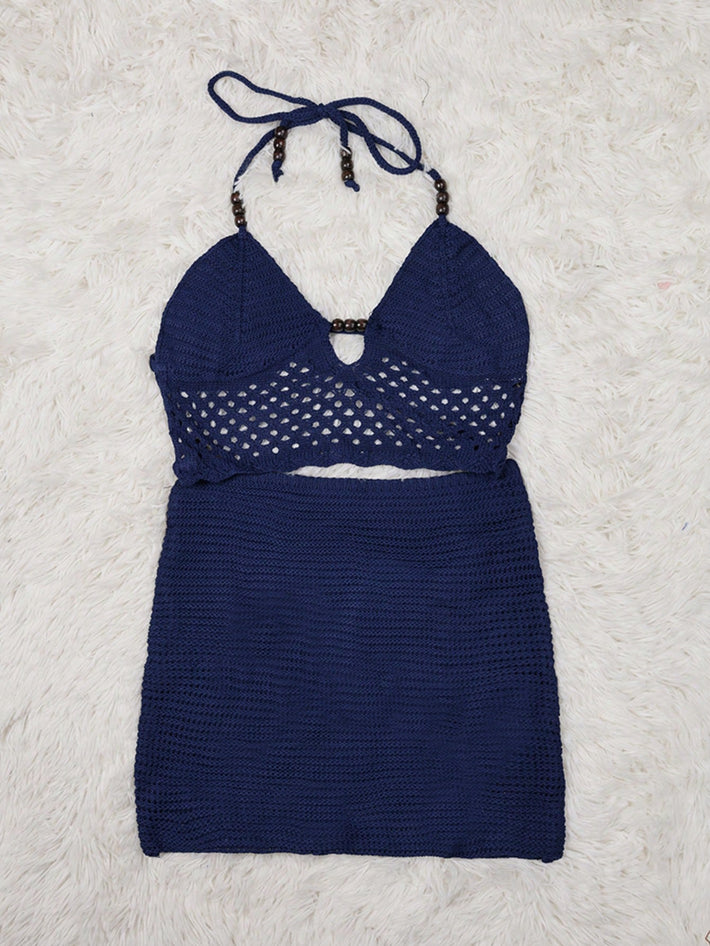 Women's Navy Blue Crochet Knit Halter Top and Mini Skirt Set with Bead Details