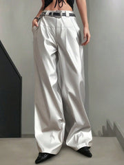 Women's Silver Satin Wide-Leg Pants - High-Waisted Casual Fashion Trousers