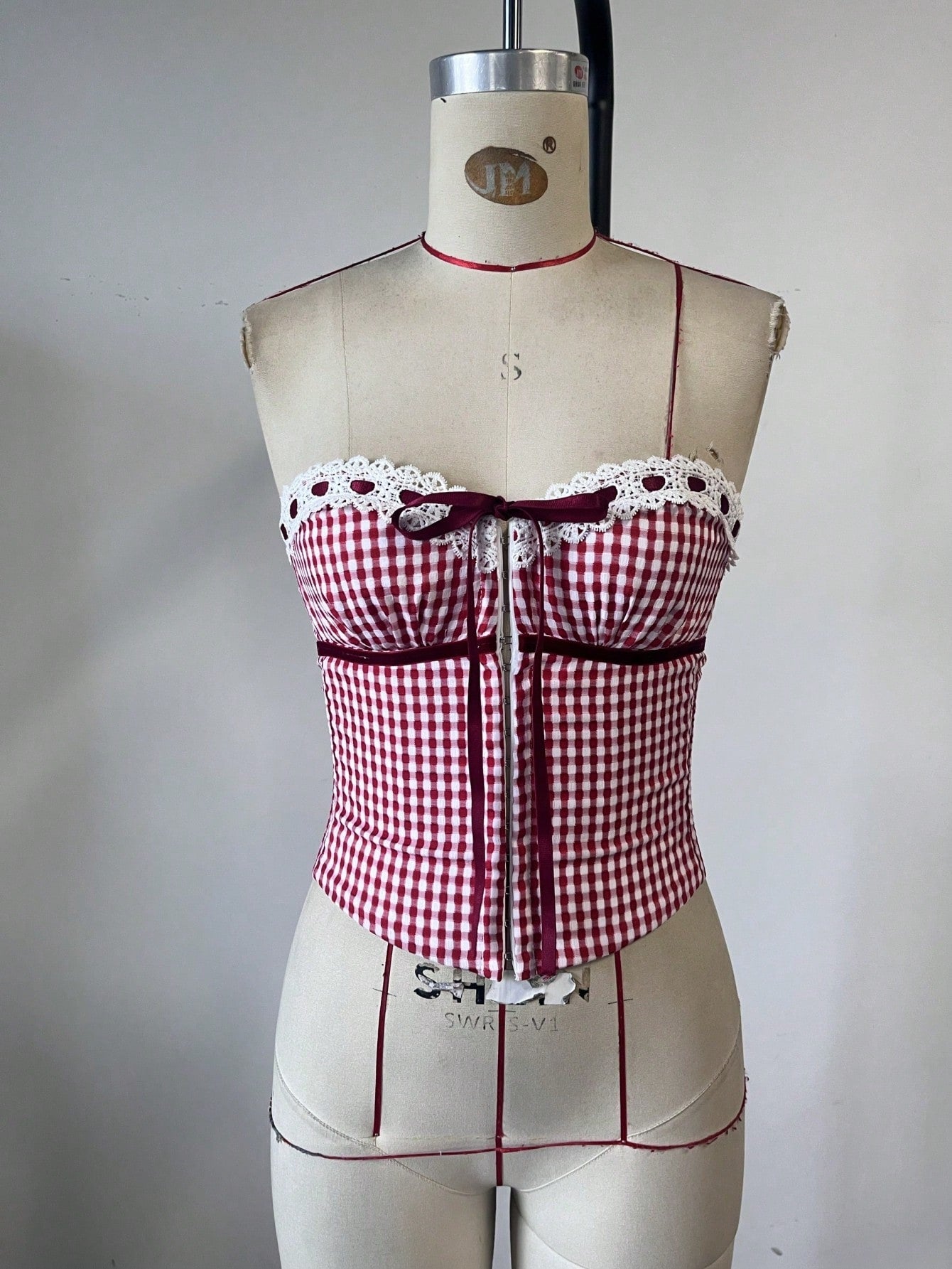 Women's Festive Red and White Gingham Corset Top with Lace Trim