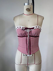 Women's Festive Red and White Gingham Corset Top with Lace Trim