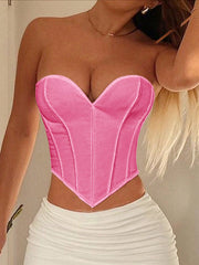 Women's Women Sexy Pink Satin Corset Top Heart Neck Boned Waist Cincher