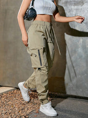 Women's Khaki High Waist Cargo Pants Multi-Pocket Zip Detail Joggers Wholesale
