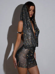 Women's Black Crystal Rhinestone Hooded Crop Top and Mini Skirt Two-Piece Set