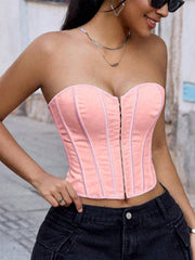 Women's Pink Check Plaid Strapless Corset Bustier
