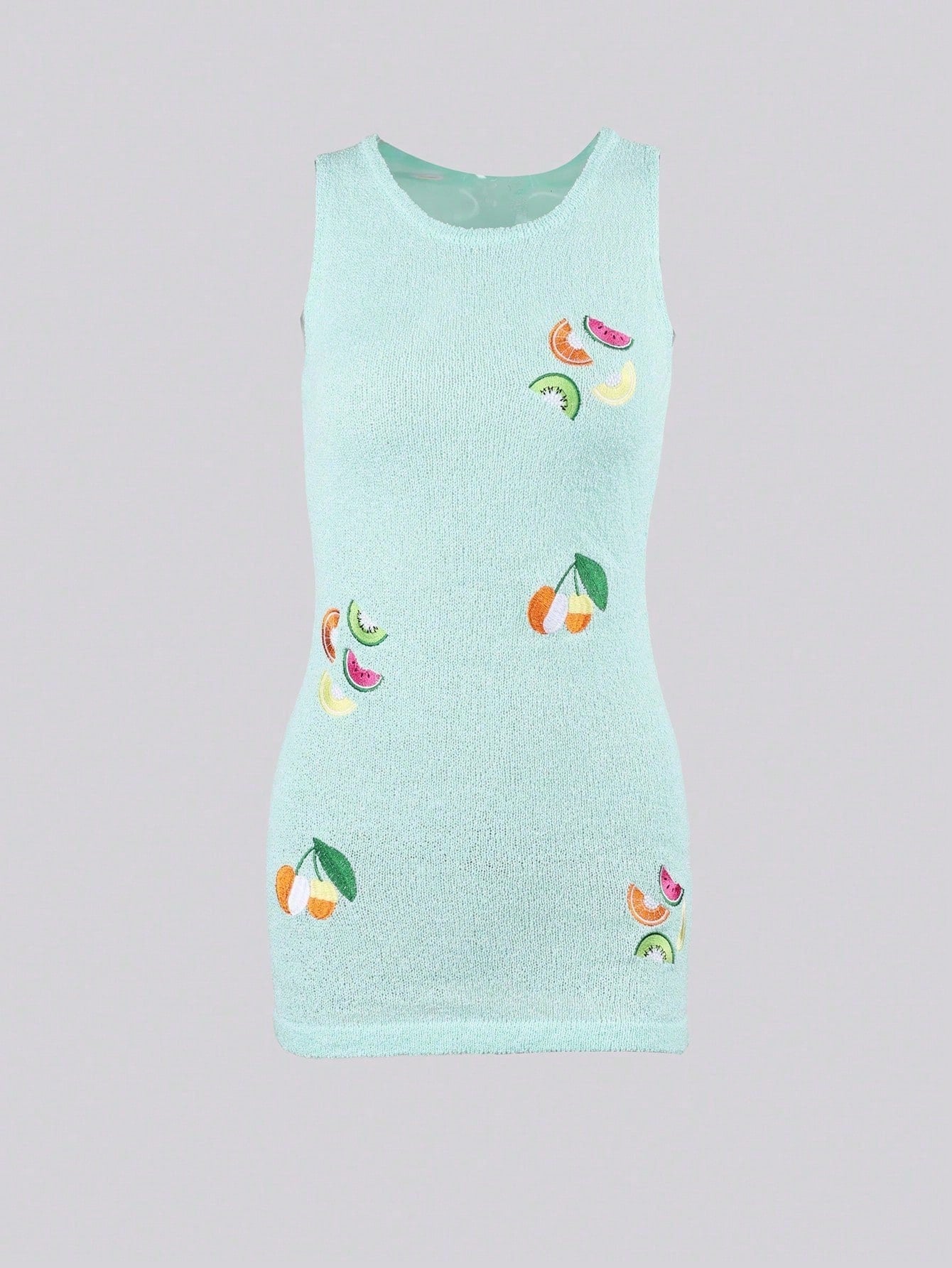 Women's Cyan Fruit Pattern Embroidered Novelty Knit Mini Dress
