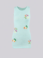 Women's Cyan Fruit Pattern Embroidered Novelty Knit Mini Dress