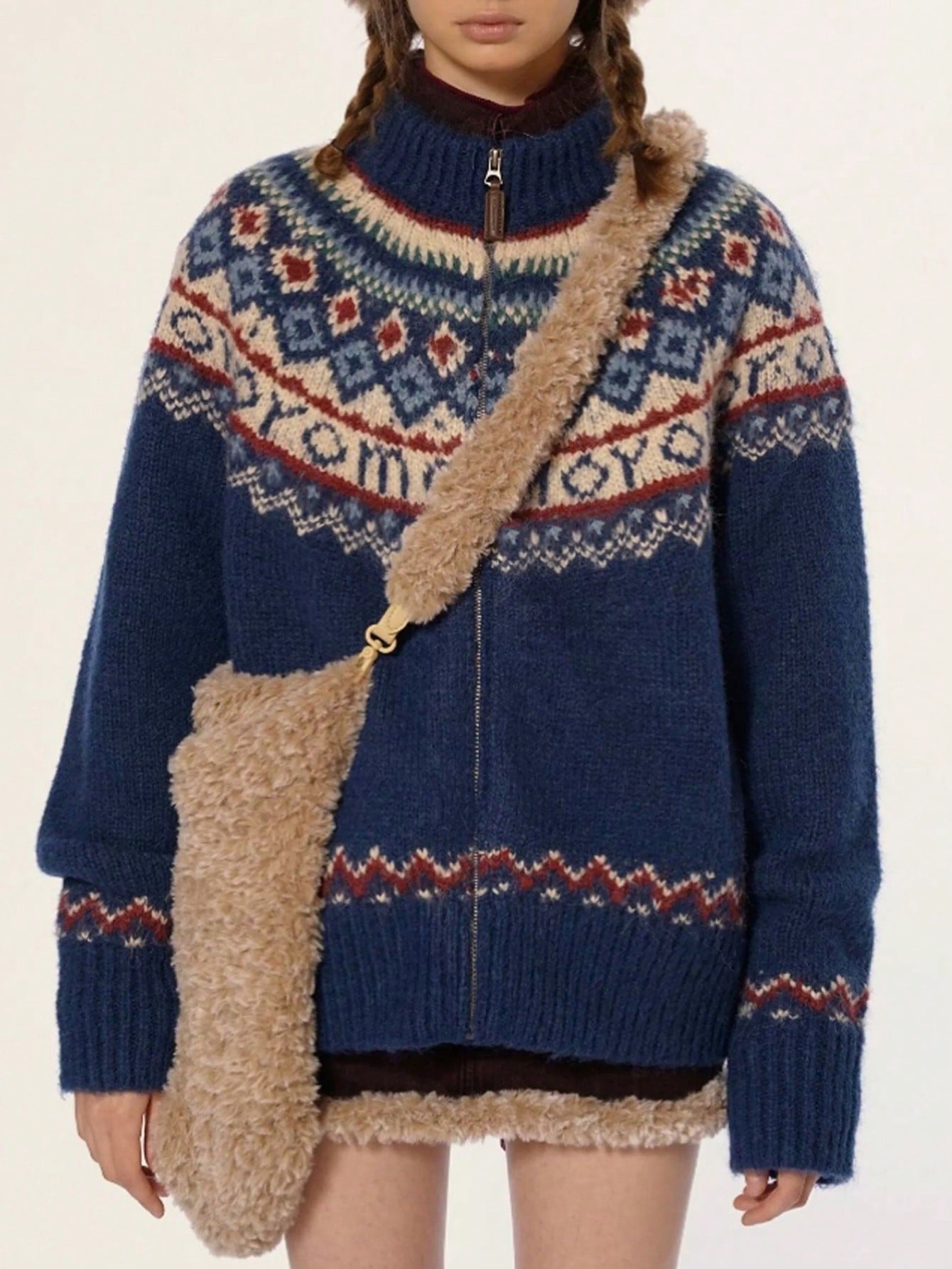 Women's Navy Blue Fair Isle Turtleneck Sweater, Retro Knitted Pullover with Ethnic Pattern for Winter