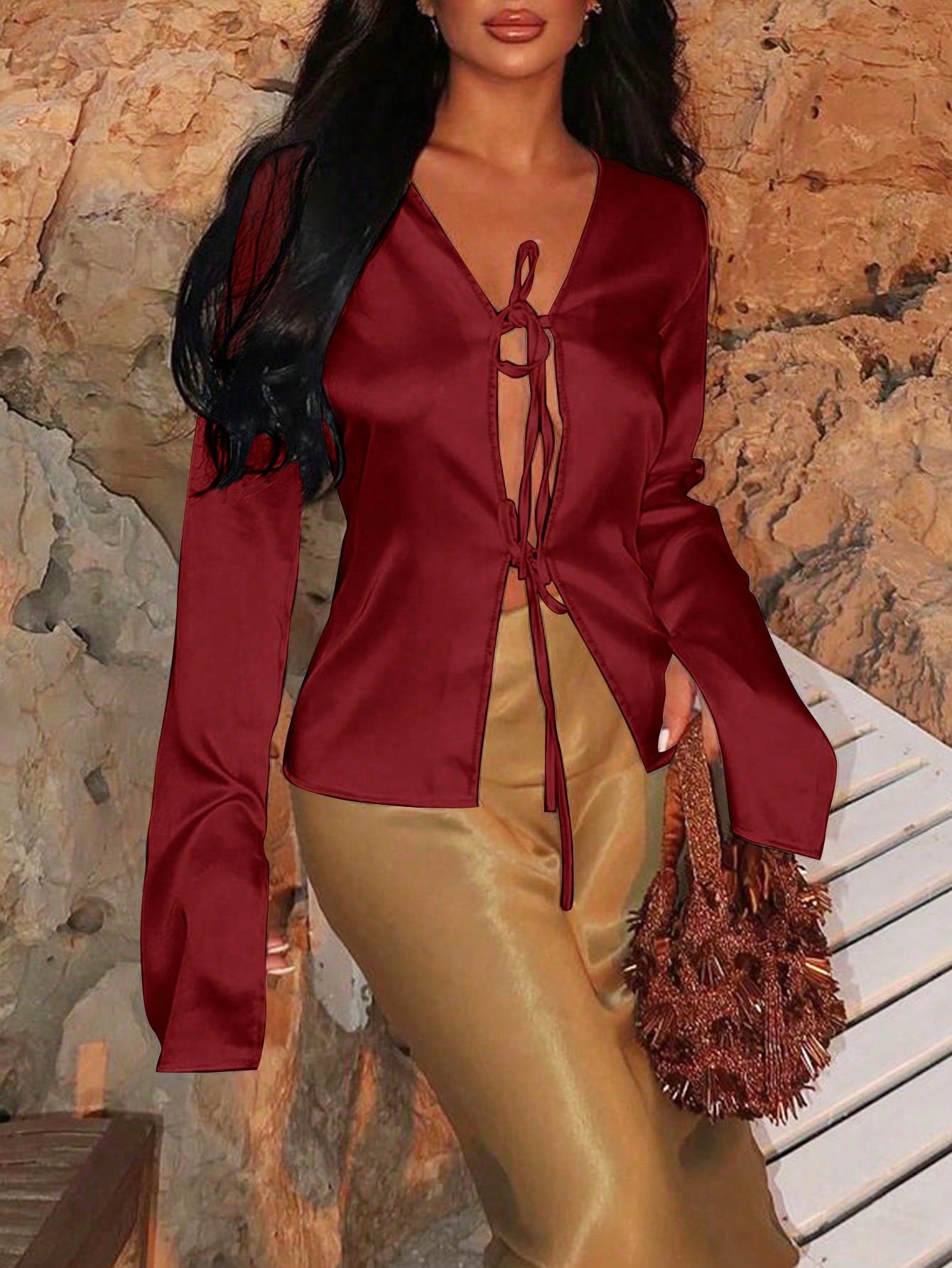 Women's Red Satin Tie-Front Long-Sleeve Blouse - Elegant Casual & Night-Out Dressy Top