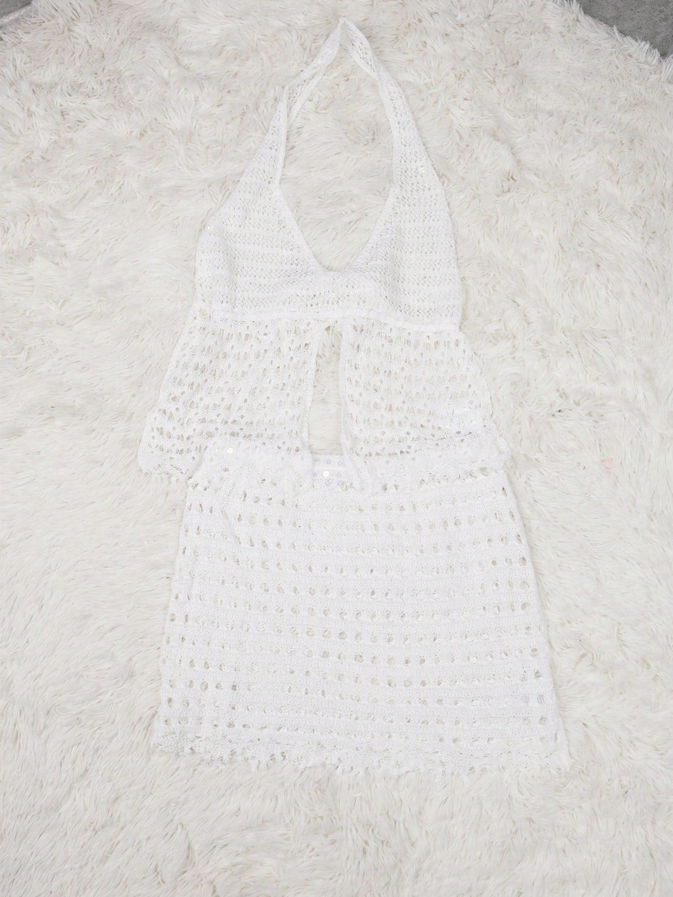 Women's White Lace Crochet Two-Piece Halter Top and Mini Skirt Set