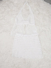 Women's White Lace Crochet Two-Piece Halter Top and Mini Skirt Set