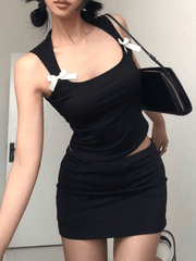 Black 2-Piece Set - Halter Crop Top & Bodycon Mini Skirt Y2K Streetwear Outfit