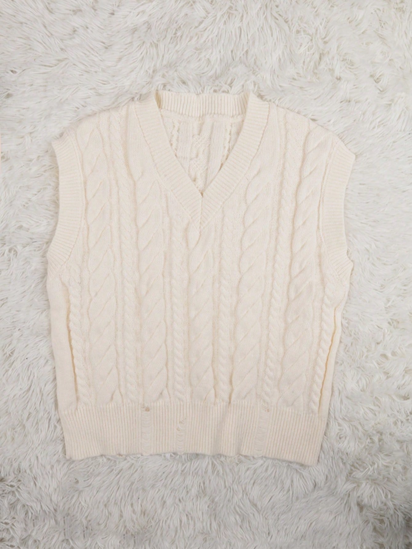 Women's White Polyester V-Neck Cable Knit Oversized Sweater Vest