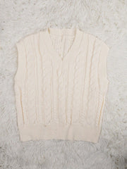 Women's White Polyester V-Neck Cable Knit Oversized Sweater Vest