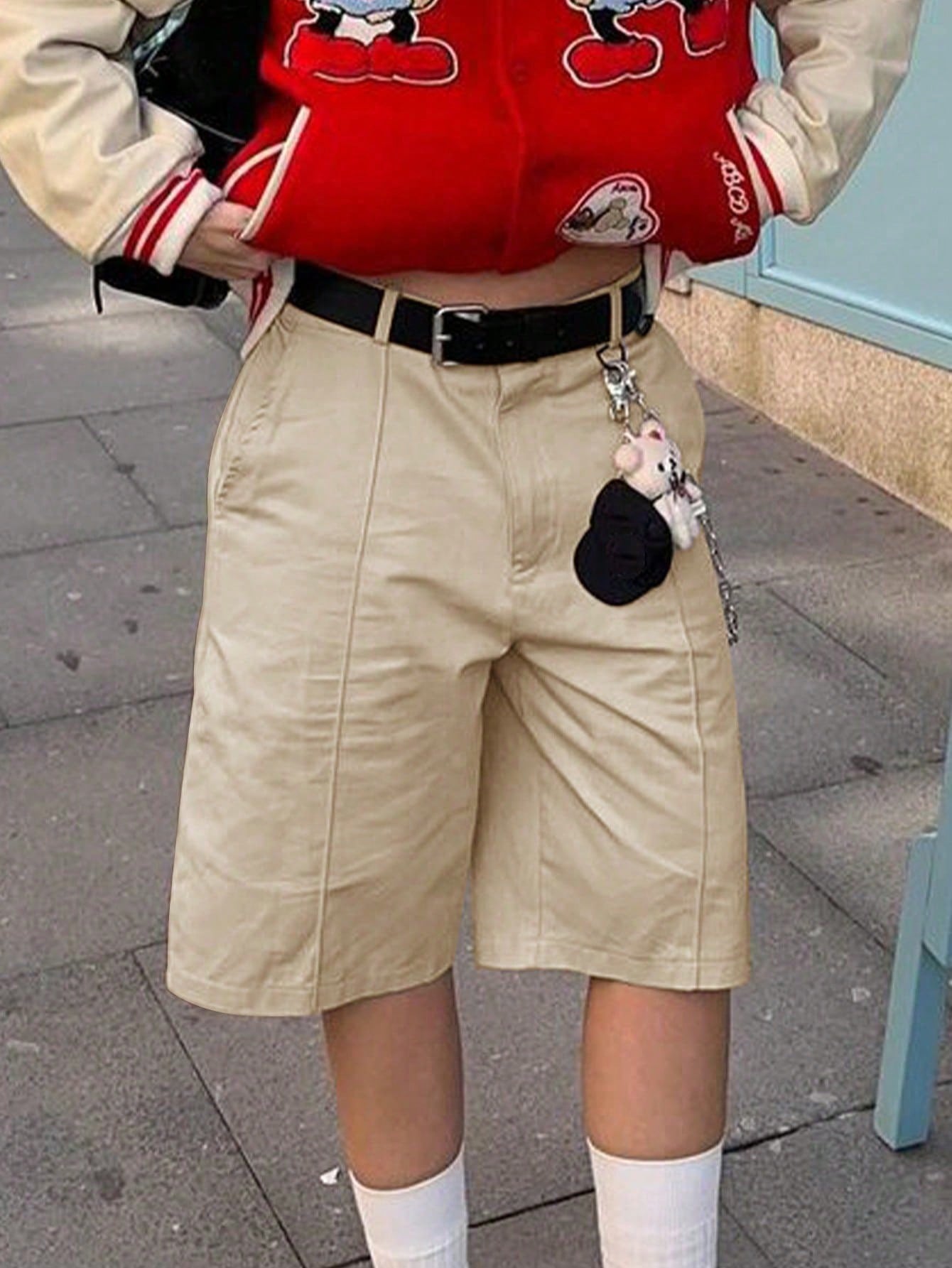 Women'S Beige Casual Bermuda Knee-Length Shorts - Bermuda Shorts, Casual, Wide Leg