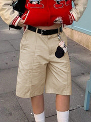 Women'S Beige Casual Bermuda Knee-Length Shorts - Bermuda Shorts, Casual, Wide Leg