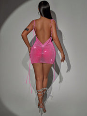 Women's Apperloth Rose Red Rhinestone Backless Bodycon Mini Dress for Women Sexy Party Wear